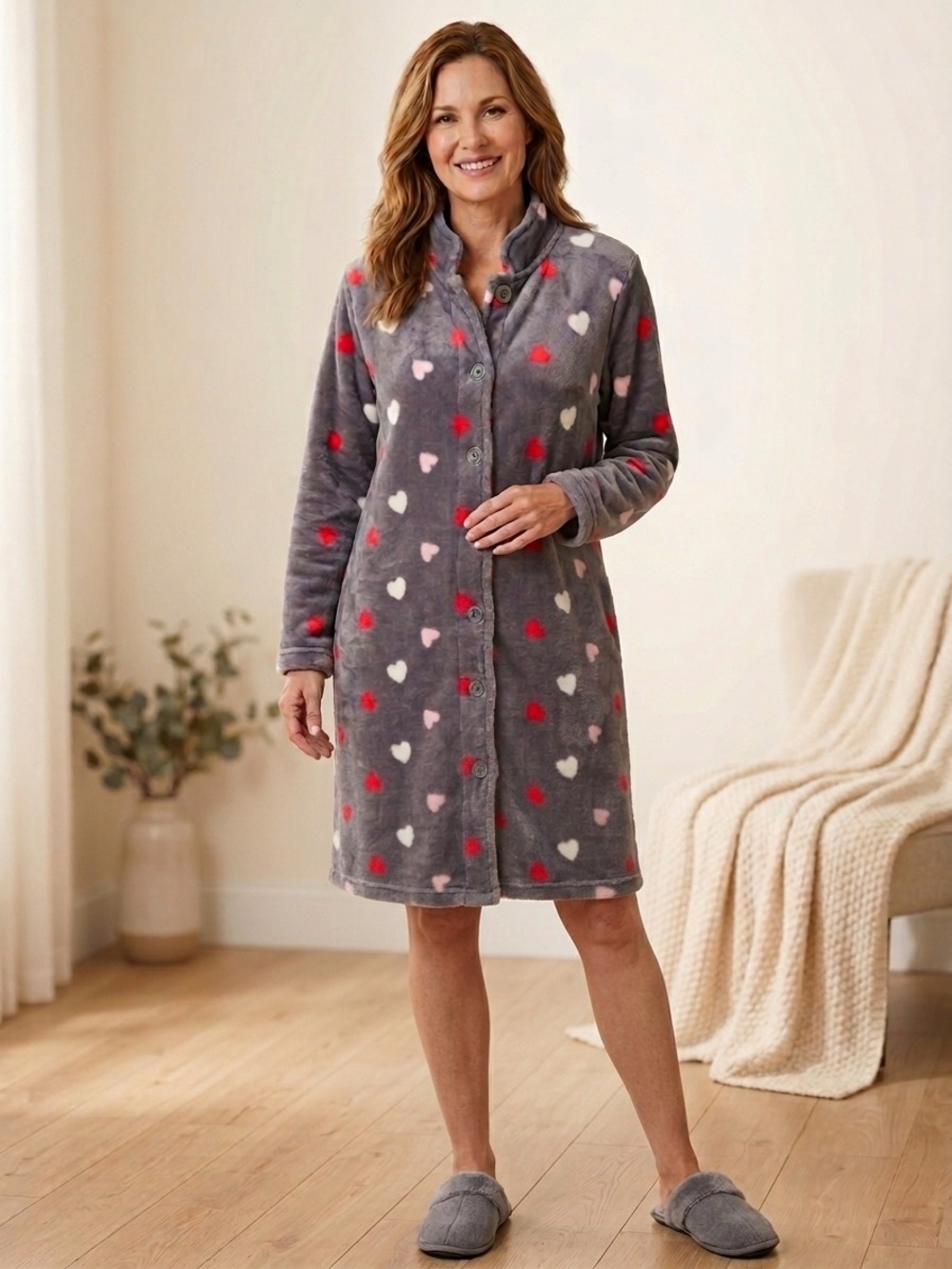 Ringella Cozy Grey Heart-Print Button-Front Robe